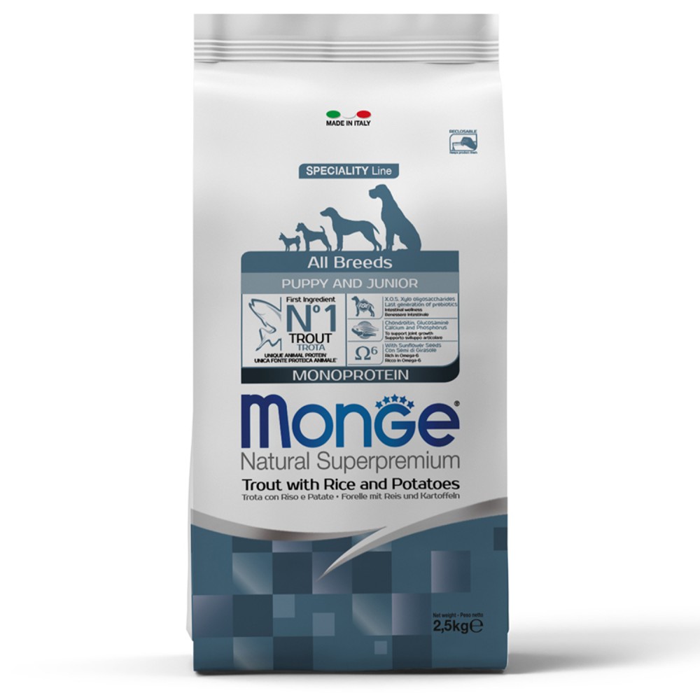 Monge Dog Monoprotein Puppy&Junior - корм для щенков всех пород форель с рисом и картофелем