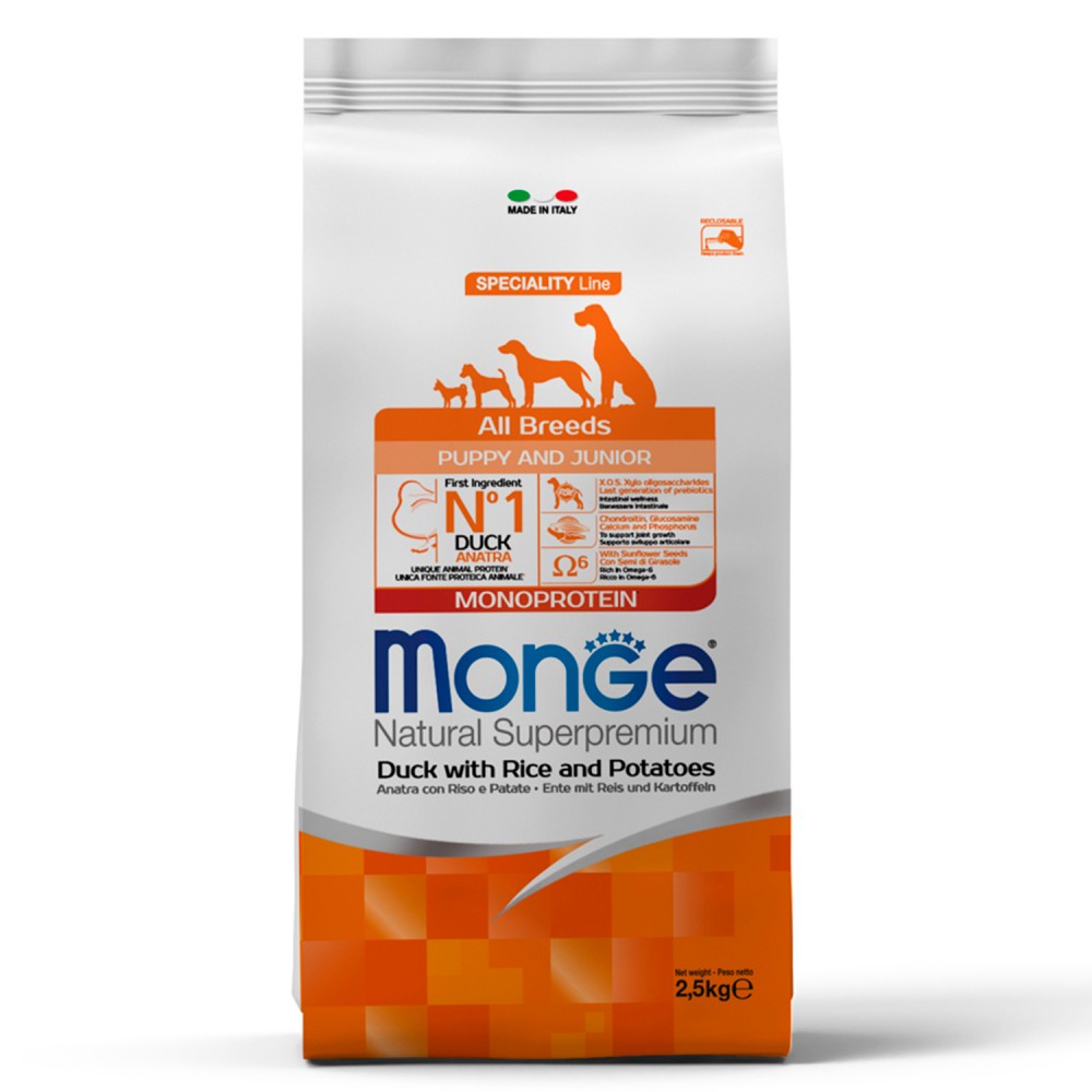 Monge Dog Monoprotein Puppy&Junior - корм для щенков всех пород утка с рисом и картофелем