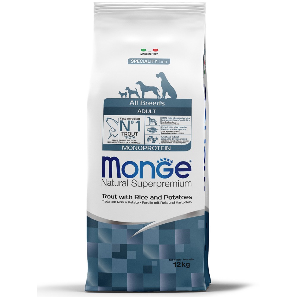 Monge Dog  Monoprotein для взрослых собак всех пород, из форели с рисом и картофелем