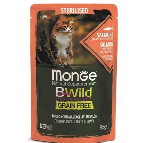 Monge Cat BWild GRAIN FREE паучи из лосося с креветками и овощами для стерилизованных кошек, 85 гр