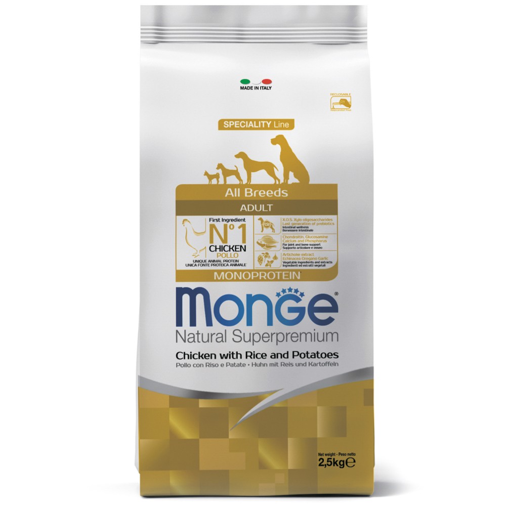 Monge Dog Monoprotein - корм для взрослых собак всех пород курица с рисом и картофелем 