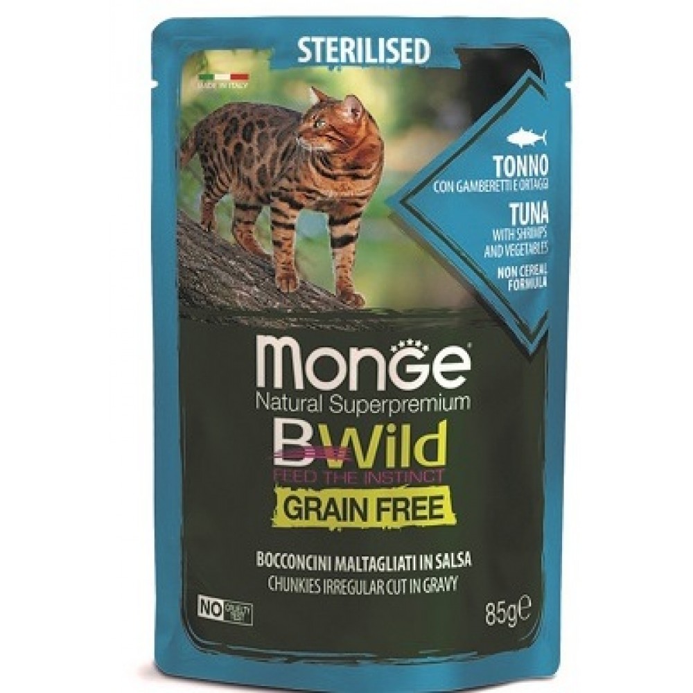 Monge Cat BWild GRAIN FREE паучи из тунца с креветками и овощами для стерилизованных кошек 85г