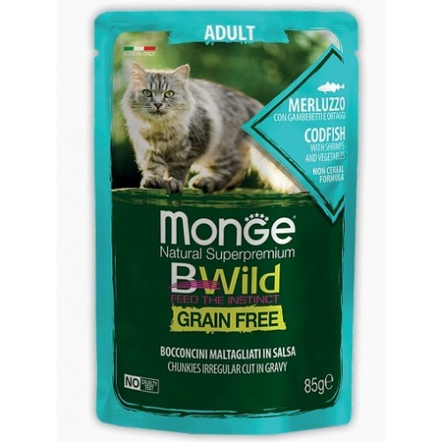 Monge Cat BWild GRAIN FREE паучи из трески с креветками и овощами для взрослых кошек, 85 гр