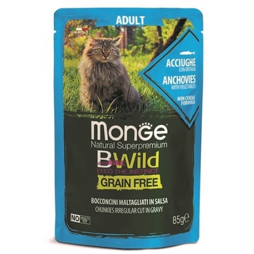 Monge Cat BWild GRAIN FREE паучи из анчоусов с овощами для взрослых кошек 