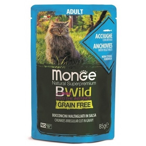 Monge Cat BWild GRAIN FREE паучи из анчоусов с овощами для взрослых кошек, 85 гр