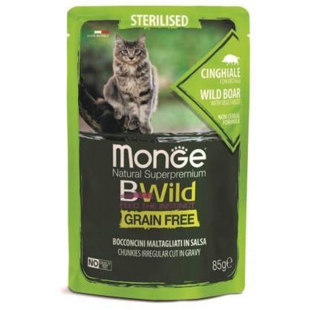 Monge Cat BWild GRAIN FREE паучи из мяса дикого кабана с овощами для стерилизованных кошек, 85 гр