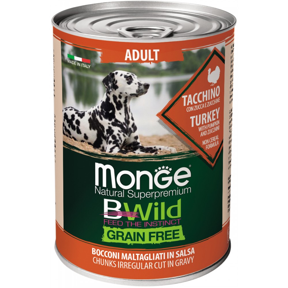 Monge Dog BWild GRAIN FREE - Беззерновые консервы из индейки с тыквой и кабачками для взрослых собак всех пород