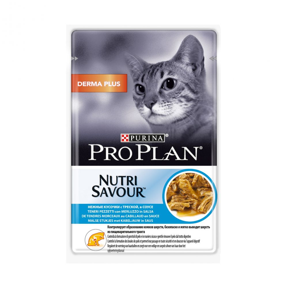 Purina PRO PLAN Derma Plus - Влажный корм  для кошек с чувствительной кожей, Треска в соусе, 85 гр