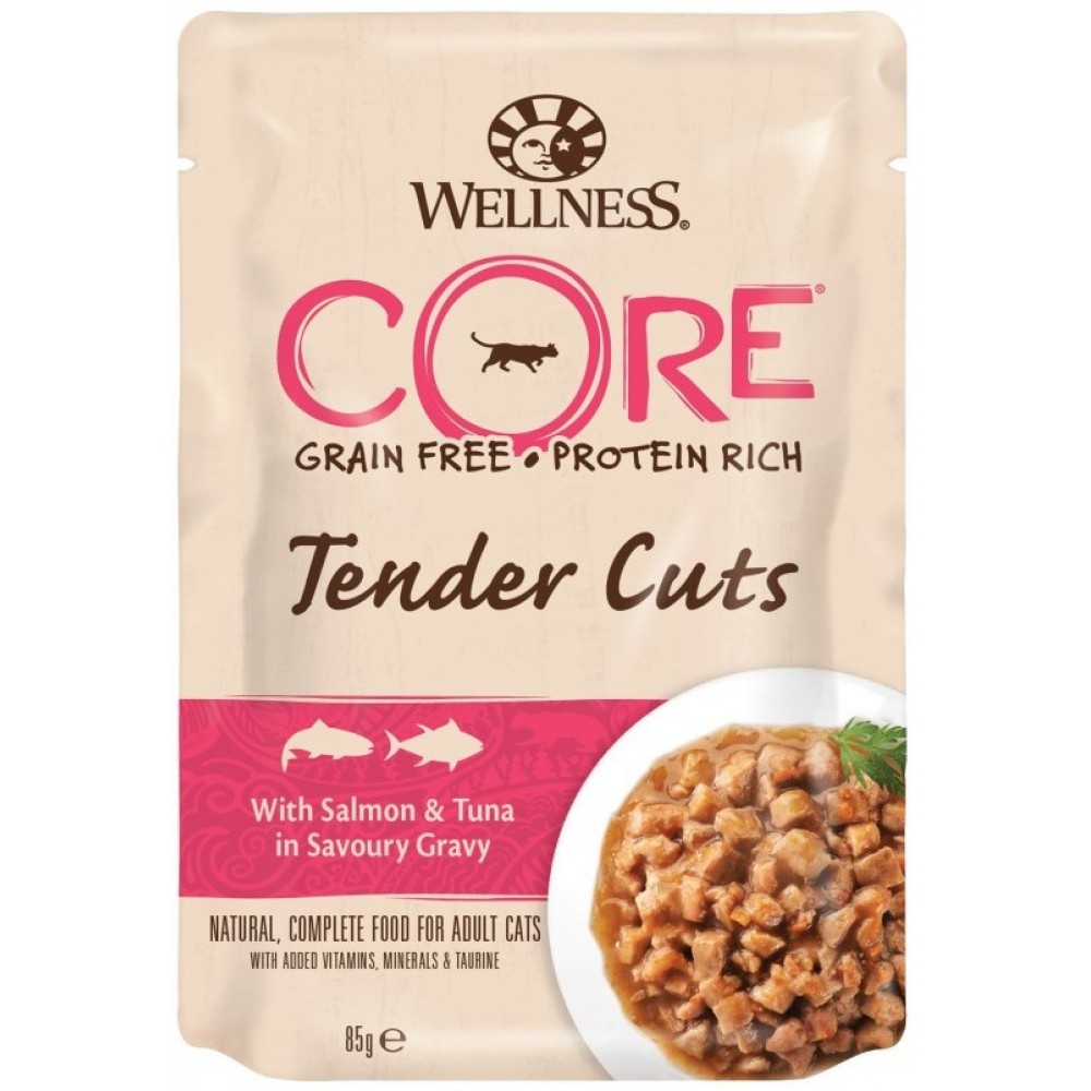 Wellness Core Tender Cuts - Паучи из лосося с тунцом в виде нарезки в соусе для кошек