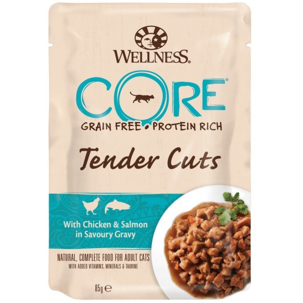 Wellness Core Tender Cuts - Паучи из курицы с лососем в виде нарезки в соусе для кошек