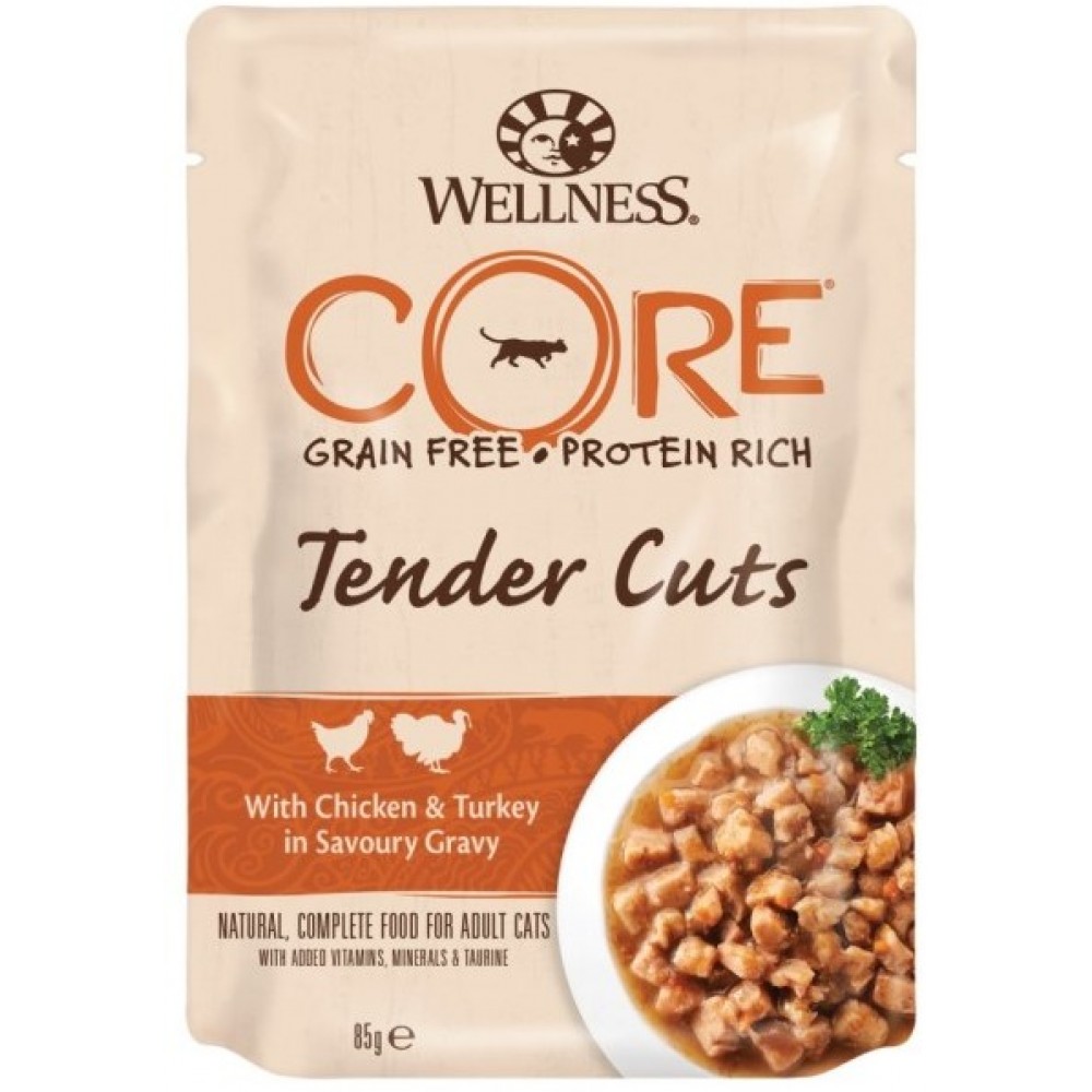 Wellness Core Tender Cuts - Паучи из курицы с индейкой в виде нарезки в соусе для кошек