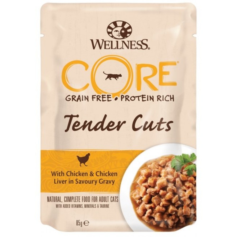 Wellness Core Tender Cuts - Паучи из курицы с куриной печенью в виде нарезки в соусе для кошек