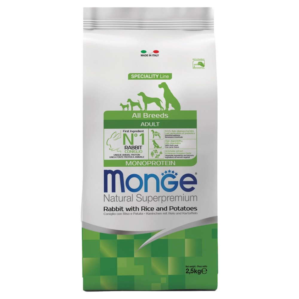 Monge Dog Monoprotein корм для собак всех пород кролик с рисом и картофелем 2,5 кг